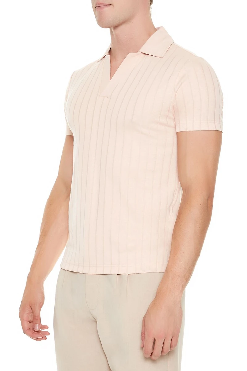 Ribbed Open V-Neck Polo Shirt