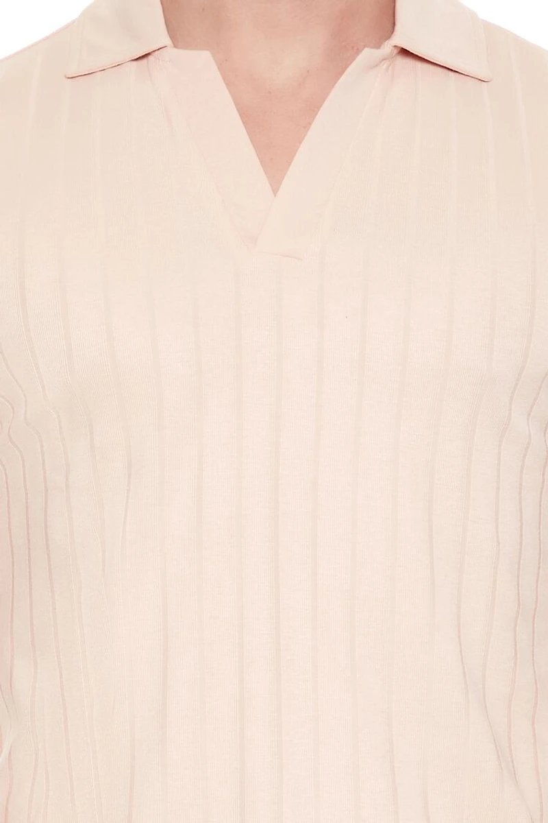 Ribbed Open V-Neck Polo Shirt