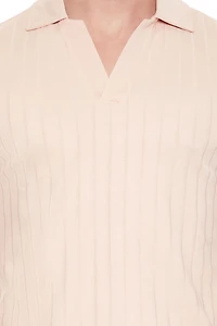 Ribbed Open V-Neck Polo Shirt