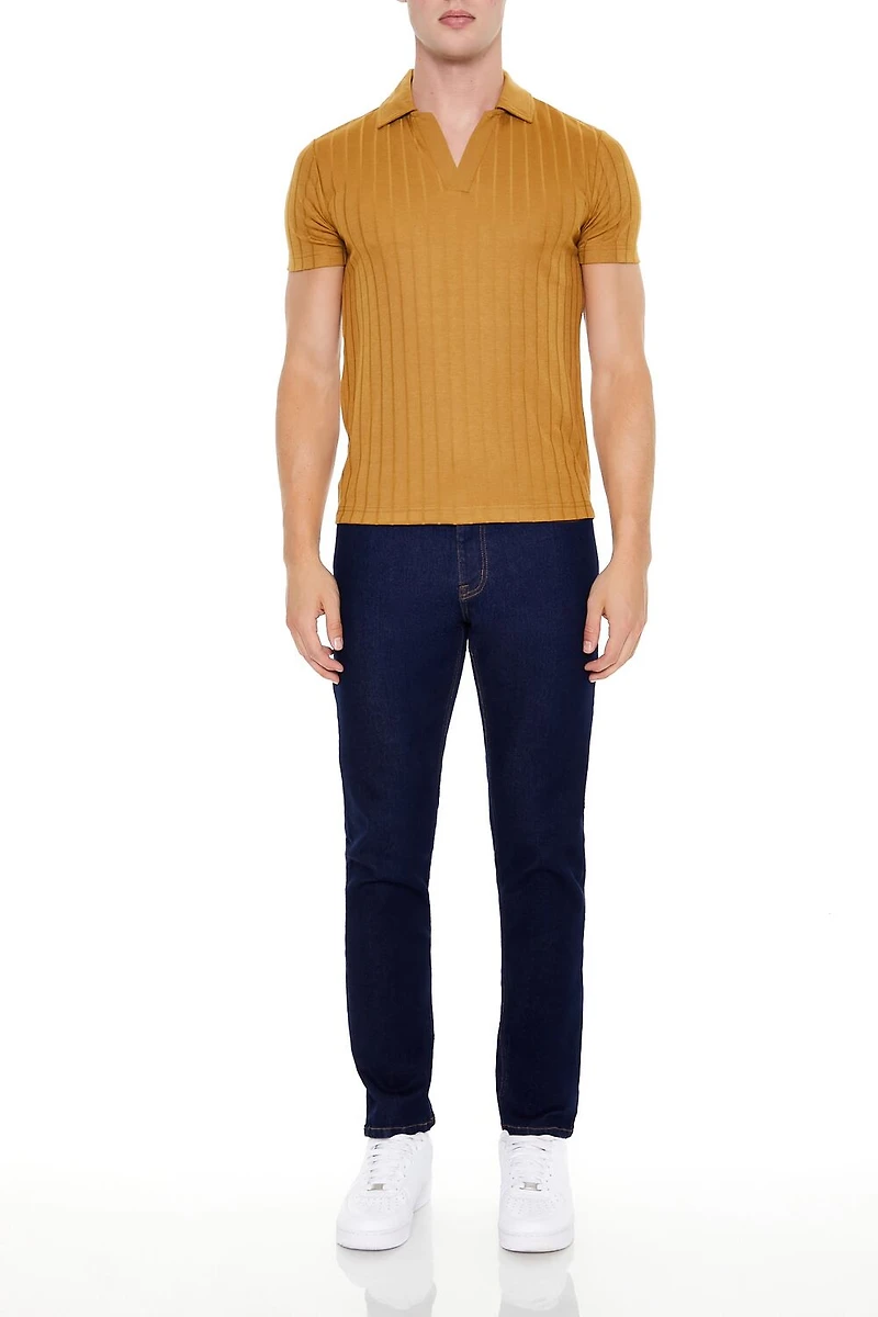 Ribbed Open V-Neck Polo Shirt