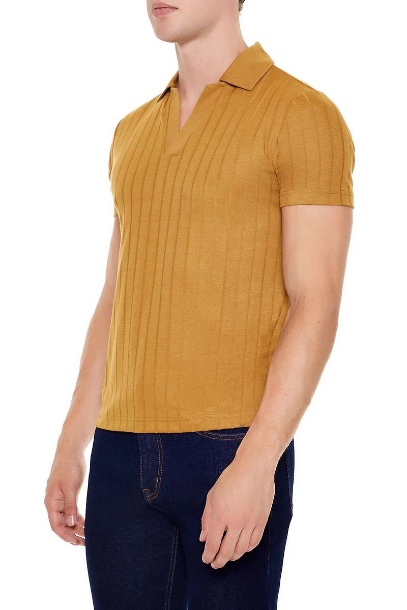 Ribbed Open V-Neck Polo Shirt