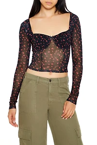 Mesh Cherry Print Crop Top
