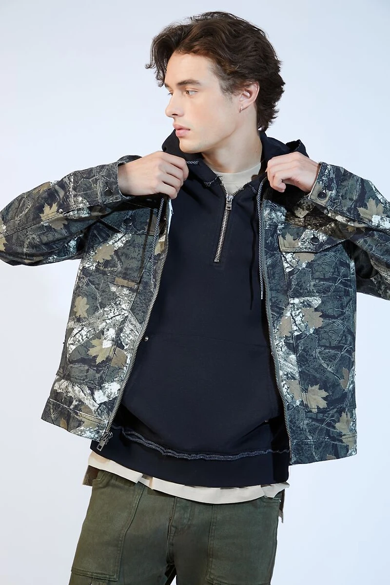 Leaf Print Zip-Up Trucker Jacket