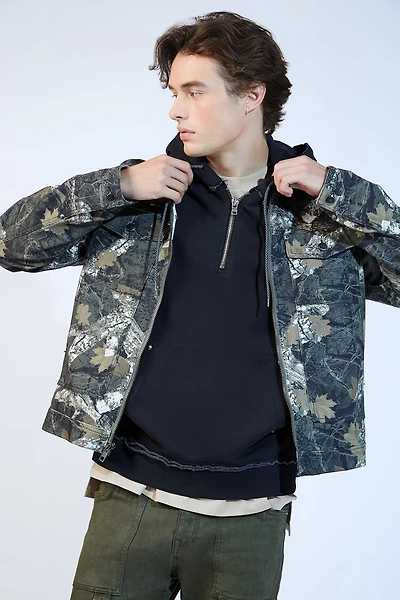 Leaf Print Zip-Up Trucker Jacket