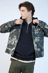 Leaf Print Zip-Up Trucker Jacket