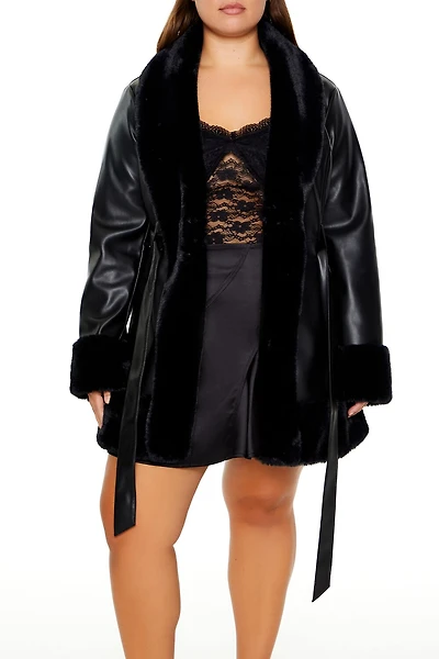 Plus Size Faux Fur-Trim Trench Coat