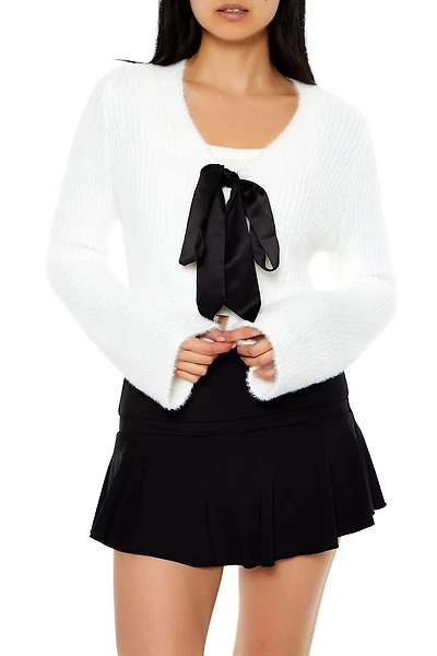Bow Fuzzy Knit Cardigan Sweater