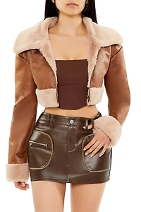 Faux Fur-Trim Cropped Moto Jacket