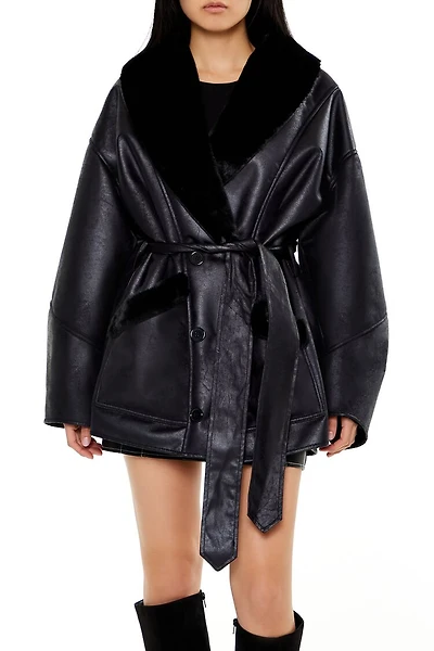 Faux Leather & Fur Trench Coat