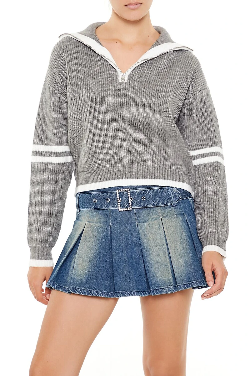 Varsity-Striped Half-Zip Sweater
