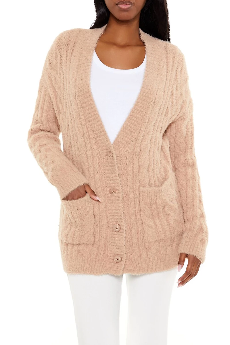 Fuzzy Cable Knit Cardigan Sweater