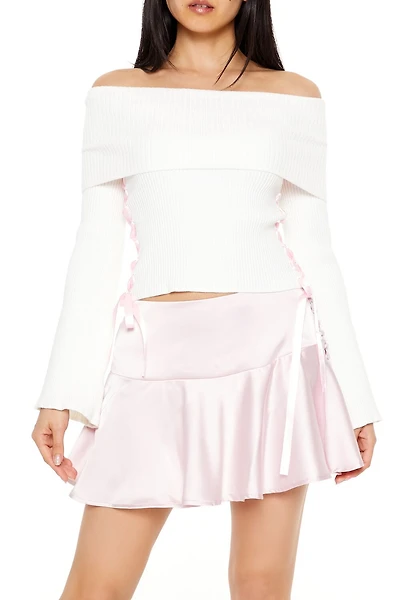 Off-the-Shoulder Lace-Up Sweater