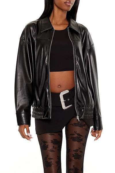 Faux Leather Zip-Up Bomber Jacket