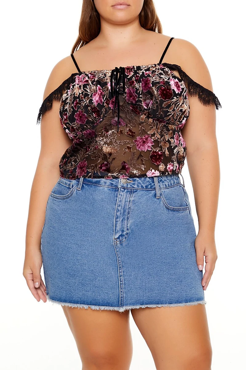 Plus Eyelash Lace-Trim Floral Crop Top