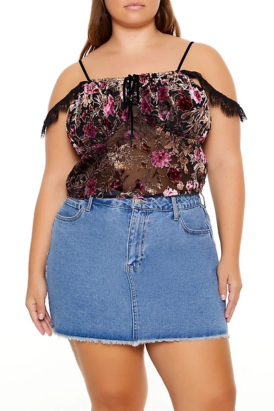Plus Eyelash Lace-Trim Floral Crop Top