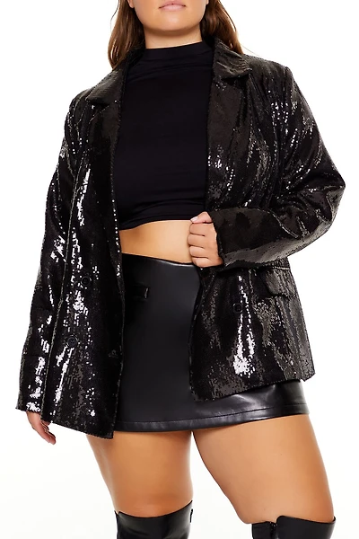 Plus Size Sequin Notched Blazer