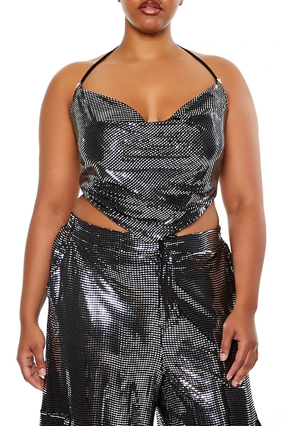 Plus Size Shimmer Cropped V-Hem Halter Top