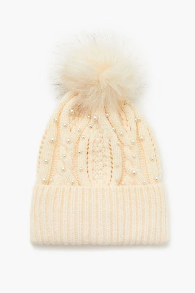 Faux Pearl Pom Pom Beanie
