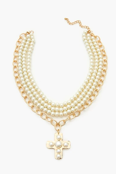 Layered Faux Pearl Cross Necklace