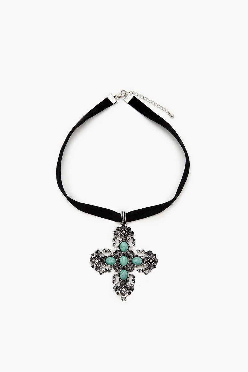 Velvet Faux Stone Cross Necklace
