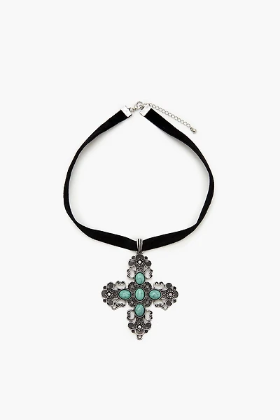 Velvet Faux Stone Cross Necklace