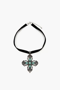 Velvet Faux Stone Cross Necklace