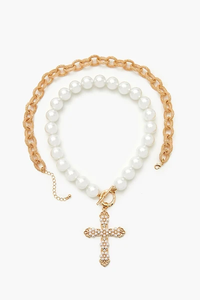 Faux Pearl Cross Necklace Set