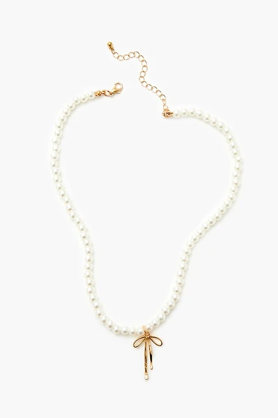 Faux Pearl Bow Pendant Necklace