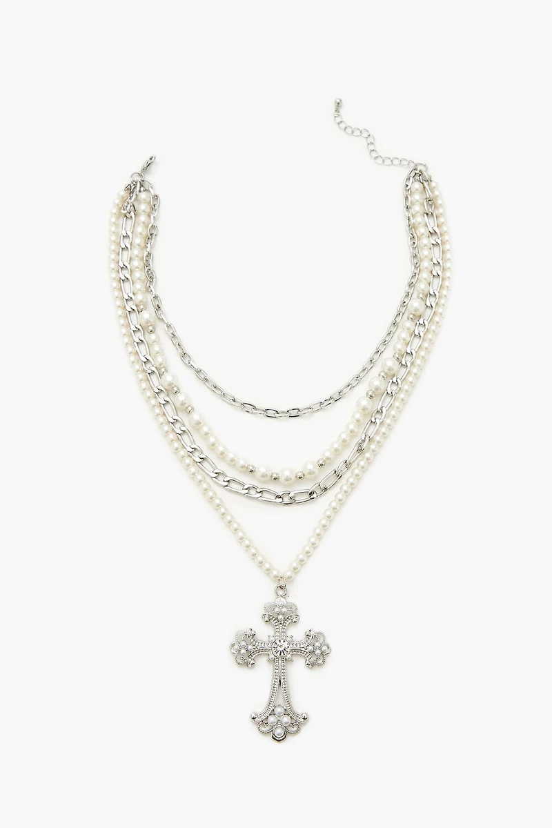 Beaded Layered Cross Necklace