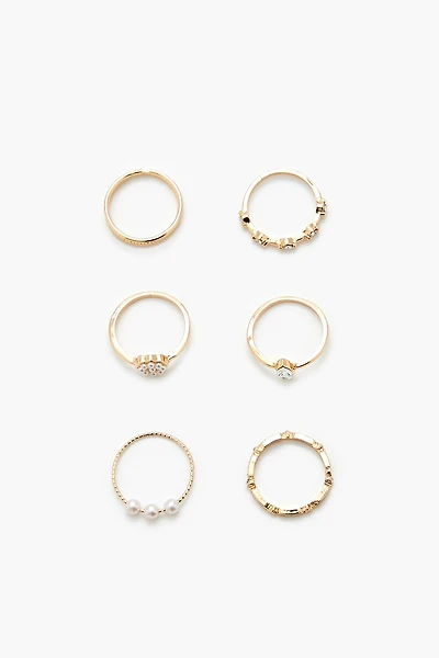 Faux Pearl & Rhinestone Ring Set