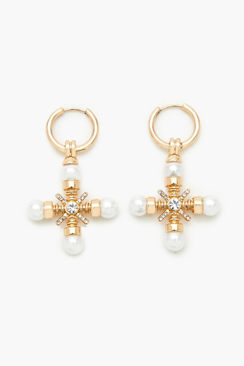 Faux Pearl Cross Hoop Drop Earrings