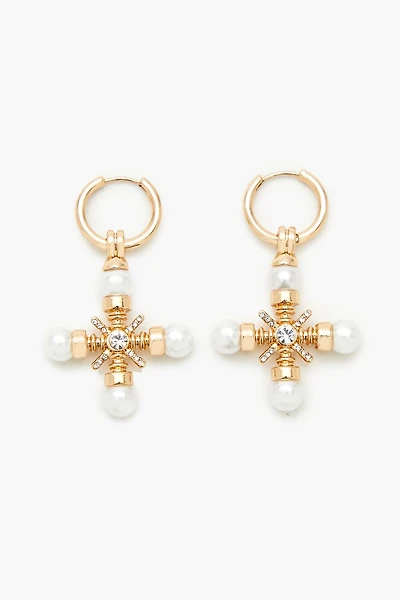 Faux Pearl Cross Hoop Drop Earrings