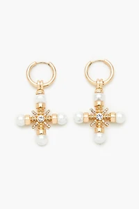 Faux Pearl Cross Hoop Drop Earrings