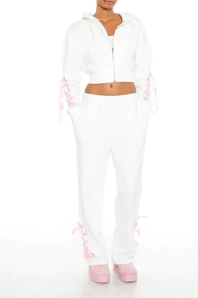 Lace-Up Bow Cropped Zip-Up Hoodie