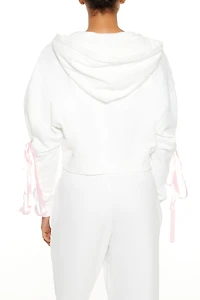 Lace-Up Bow Cropped Zip-Up Hoodie