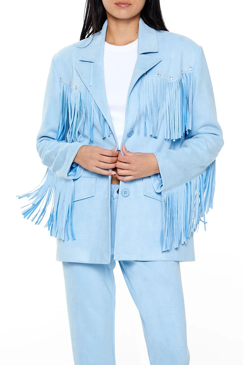 Rhinestone Fringe Faux Suede Blazer