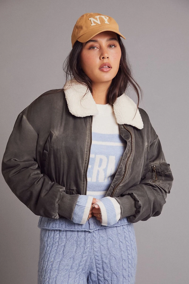 Oil Wash Cropped Bomber Jacket