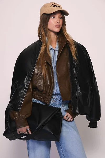 Faux Leather Utility Bomber Jacket