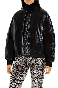 Faux Leather Utility Bomber Jacket