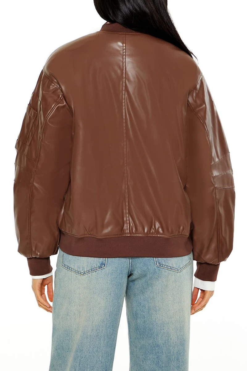 Faux Leather Utility Bomber Jacket