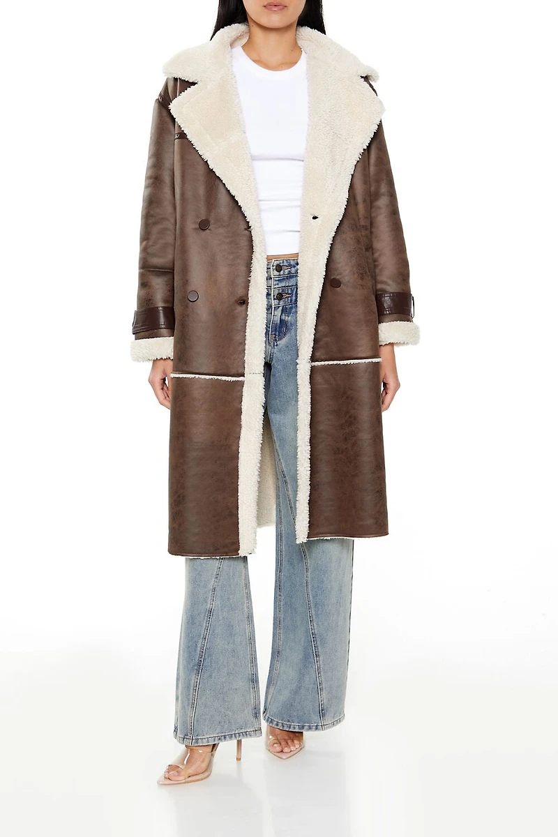 Faux Shearling-Trim Trench Coat