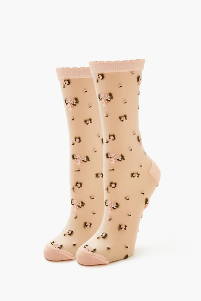 Flower Print Mesh Crew Socks