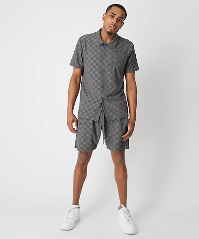 Checkerboard Towel Color Blocked Short Sleeve Button Down Shirt - Grey