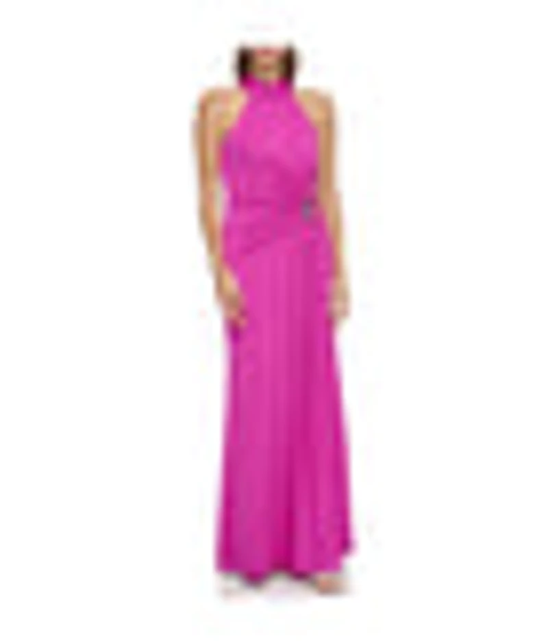Sleeves High Neck Gown With Drape Front Berry