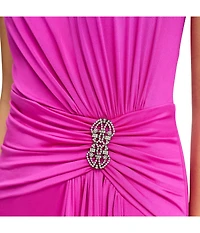 Sleeves High Neck Gown With Drape Front Berry