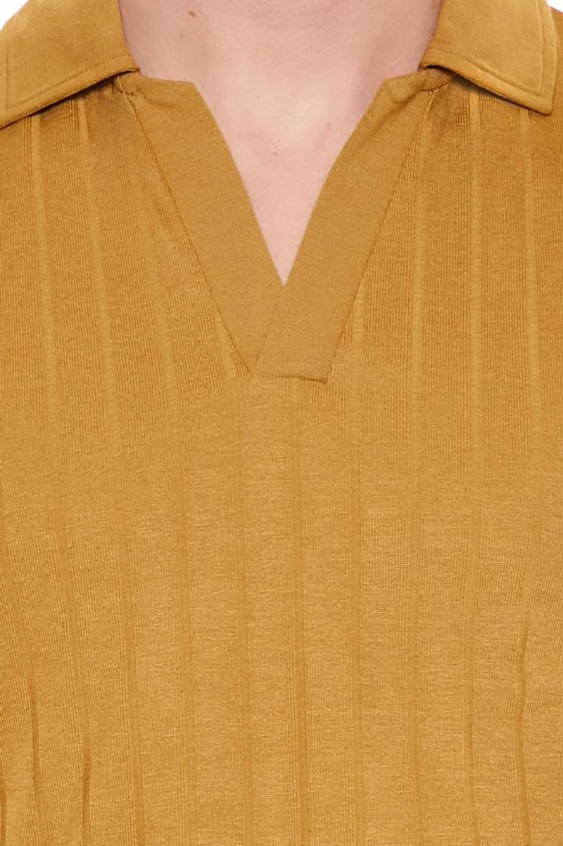 Ribbed Open V-Neck Polo Shirt