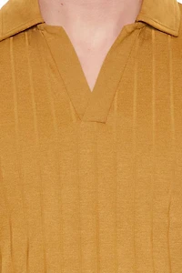 Ribbed Open V-Neck Polo Shirt