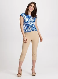 Front-Knot Printed Top & Lateral Slit Pull-On Capris
