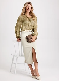 Satin Animal Print Blouse & Denim Skirt