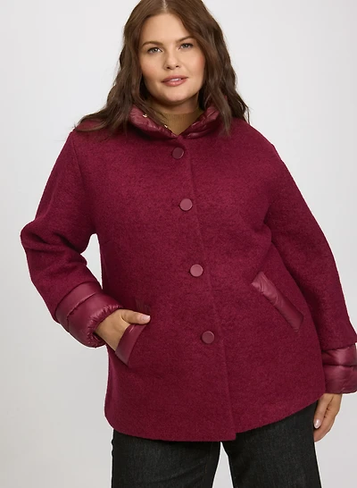 Puffer Trim Wool Coat